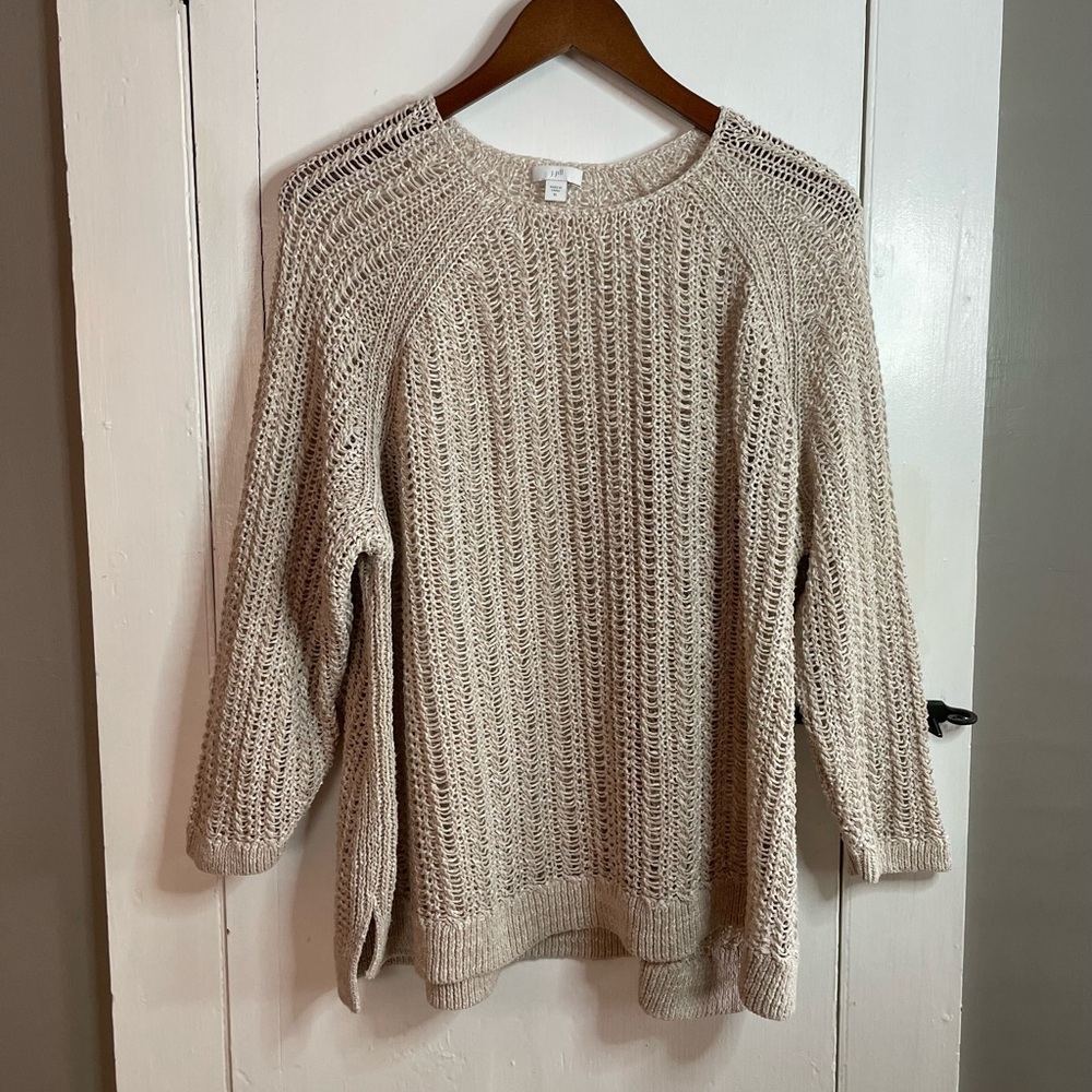 J. Jill Cotton Blend Open-Knit Crewneck Sweater - Cream - XL